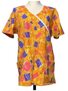 Jasco Uniform Holiday Scrub Top Womens Size M V-Neck Vibrant Geometric French